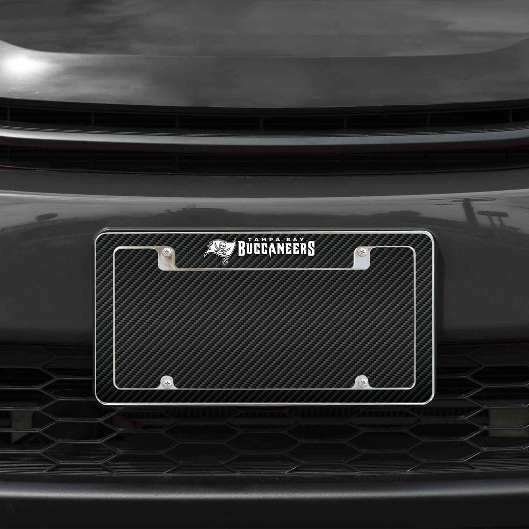 Tampa Bay Buccaneers Chrome Metal License Plate Frame Tag Cover, Carbon Fiber Design, 12x6 Inch