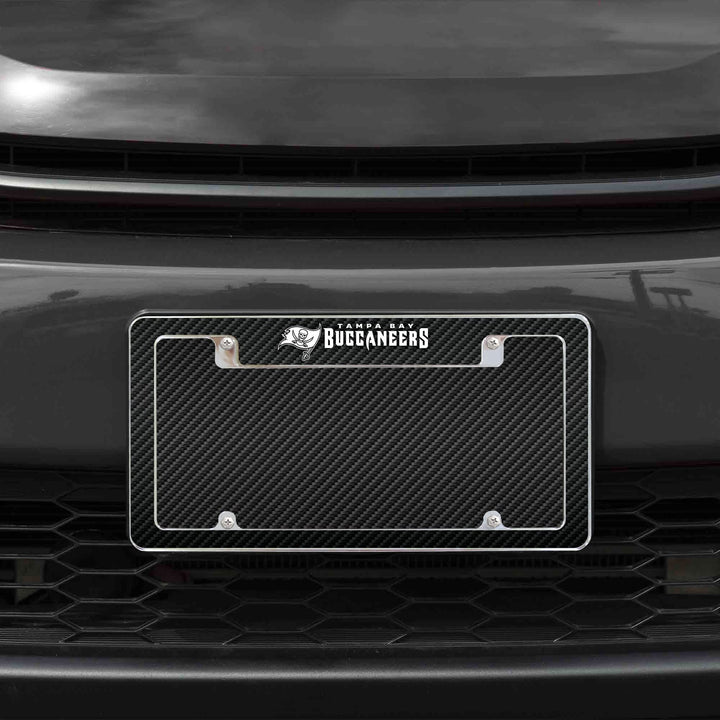 Tampa Bay Buccaneers Chrome Metal License Plate Frame Tag Cover, Carbon Fiber Design, 12x6 Inch
