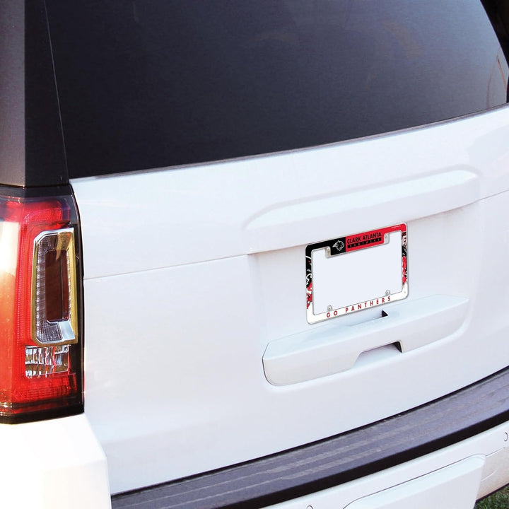 Clark Atlanta University Panthers Metal License Plate Frame Tag Cover, All Over Design, EZ View, Heavy Duty, 12x6 Inch
