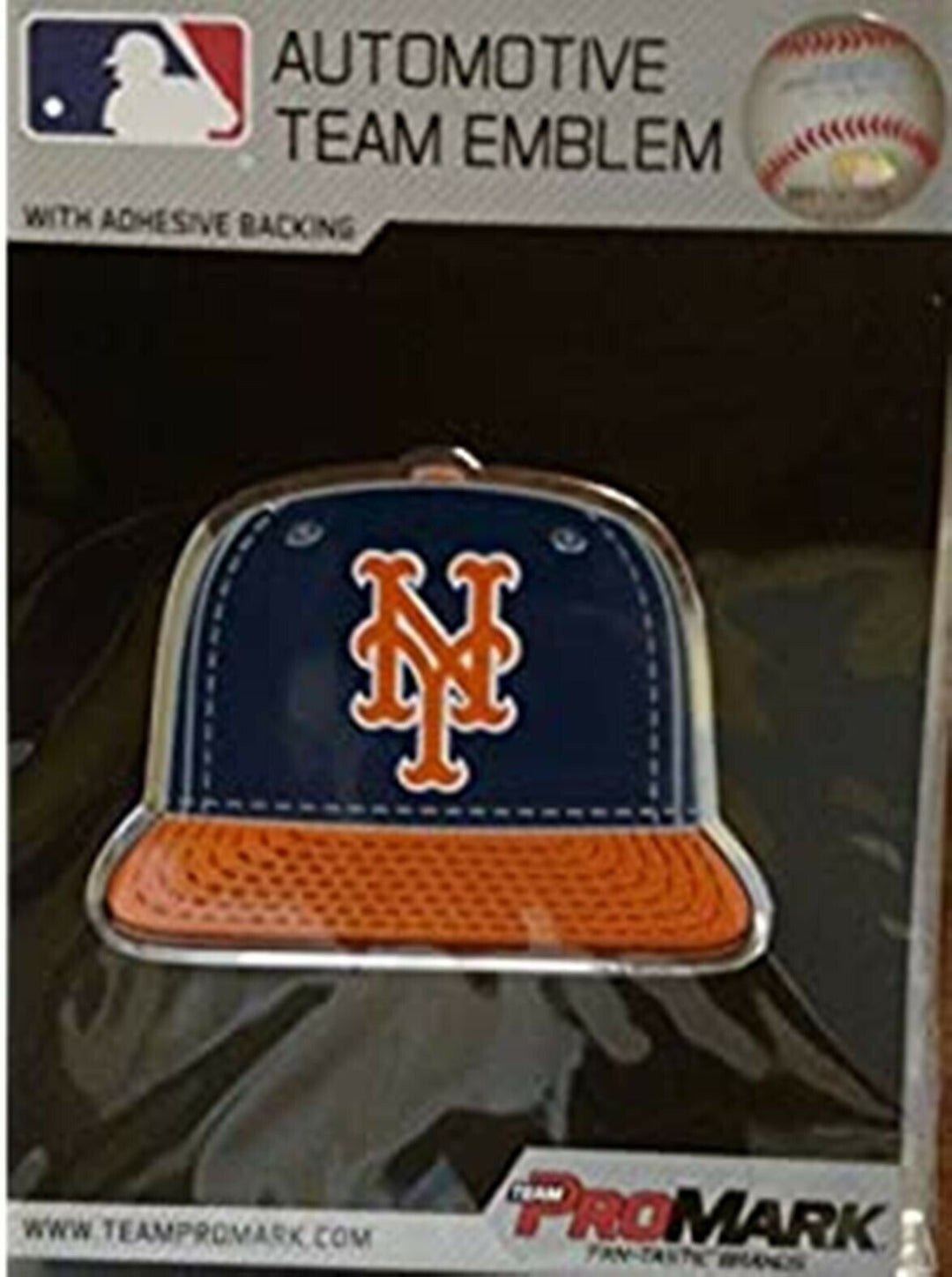 New York Mets Baseball Cap Auto Emblem, Aluminum Metal, Embossed Team Color, Raised Decal Sticker, Full Adhesive Backing