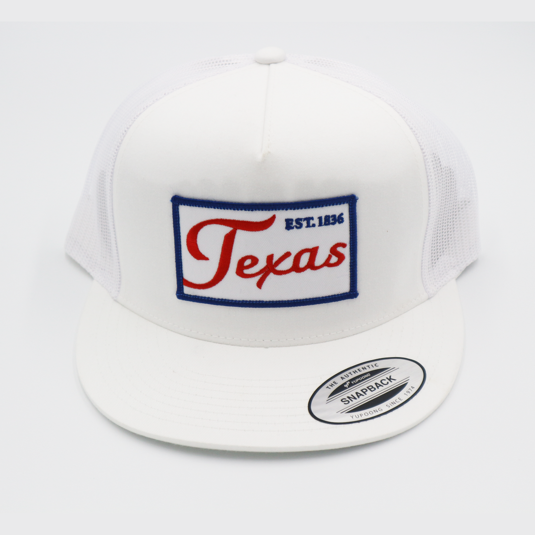 Texas / 1836 Script / White & White / Flatbill